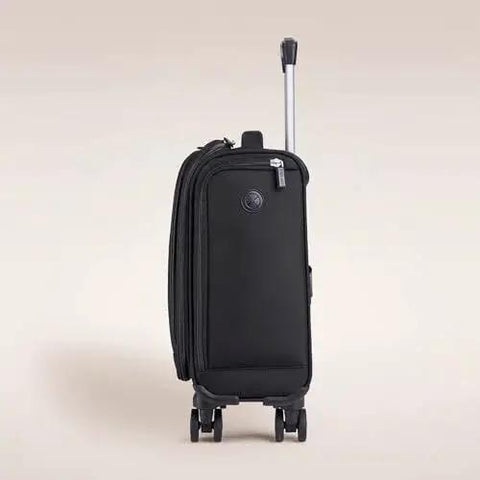 Side view of the Underseat Carry On Luggage With Wheels Softside Lightweight Travel Bag for Men and Women 14.5 Inch Spinner in black