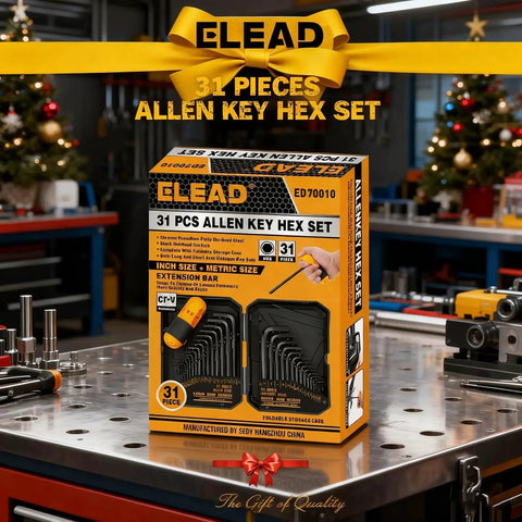 Thirty One Piece Hex Key Set With Long And Short Allen Keys In Metric And SAE Sizes From 0.7 Millimeter To 10 Millimeter And 0.028 To Three Eighths Inch Heat Treated For Strength Featuring A Torque Handle High Leverage And Easy Organization in retail packaging on a workbench.
