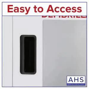 Close-up view of AED Cabinet Wall Mounted Alarmed Defibrillator Storage with handle, showing easy access design.