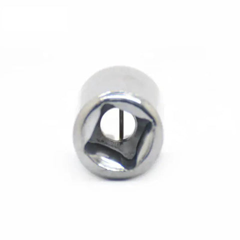 Chrome 1/4 square to 1/4 hex adapter sleeve with magnetic female shank, close-up view