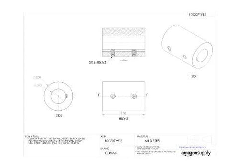 Rigid coupling RC-100-KW, Amazon, mild steel with black oxide, 1 in bore, 2 in OD, 3 in length, 5/16-18 x 1/2 set screws
