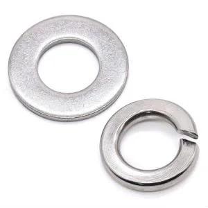 M8 stainless steel flat washer and split lock washer, 304 stainless, 18-8 finish; two washers shown