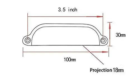 Diagram of Montrose Collection Chrome Traditional Cabinet And Drawer Pull Handle Center To Center 90 mm, 100 mm length, 30 mm width, 18 mm projection.