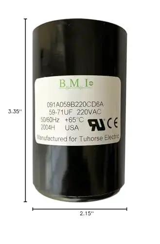 59-71 MFD 220V Motor Start Capacitor for One Half HP to Three Quarters HP, USA Made, front view with dimensions.