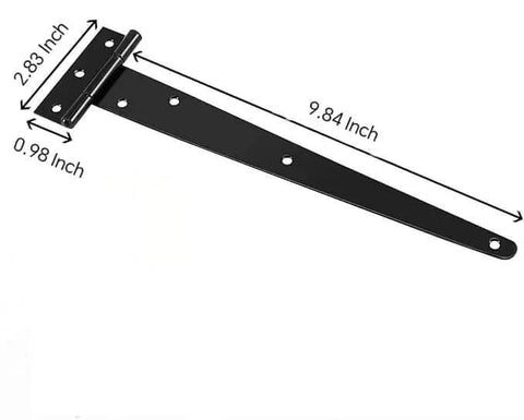 12 Piece T Strap Barn Door Hinges Black 10 Inch Heavy Duty Hinges dimensions shown for barn gates and cabinets.