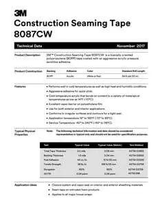 Technical data sheet for Construction seaming tape single roll, red, 99 mm W x 50 m L, 3 mil thickness, featuring specifications.