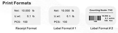 Print formats for TVC-60 Built Tough Pro Grade Counting Scale showing receipt and label formats with weights and quantities.