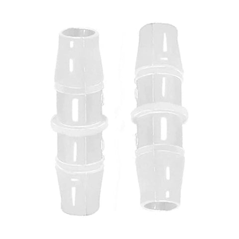 Two clear plastic hose barb fittings, barbed adapters for air, water, and fuel hoses