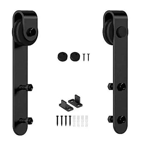 Super Mini Cabinet Sliding Barn Door Hardware Kit For Wardrobe And TV Stand, black carbon steel with 2 rollers, end caps, floor guide.