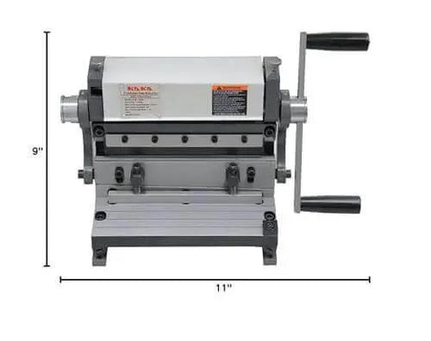 8 Inch 3 In 1 Metal Brake Shear Roll Machine for 20 Gauge Steel Burr Free Cutting and Cone Rolling, front view with measurements