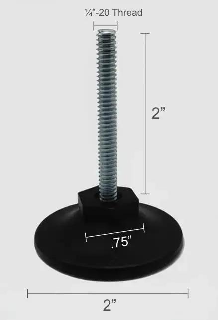 Eight Pack Adjustable Leg Levelers With One Quarter Inch Twenty Threaded Stem And Two Inch Base featuring measurements