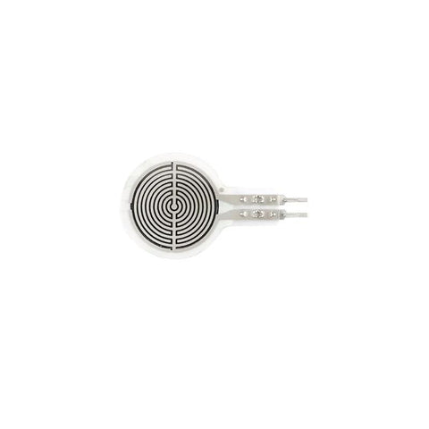 FSR402 round 18mm force sensor, white disk with black spiral traces and two metal leads for Arduino DIY projects