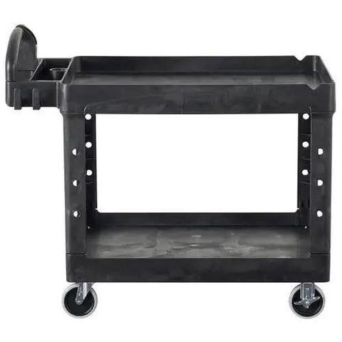 Side view of Two Shelf Foam Utility Cart With Lipped Shelves And Ergonomic Handle Black 500 Lb Capacity Durable Rolling Cart