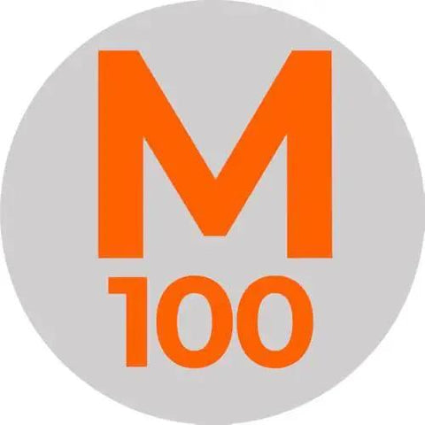 Logo featuring a large orange letter 'M' and the number '100' against a gray background.
