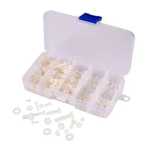 Nylon Screw Nut Washer Assortment Kit M2 To M5 With 270 Pieces In Clear Plastic Box open with contents displayed