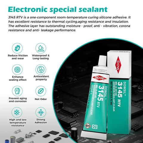 Heavy Duty High Temp Waterproof Sealed RTV Silicone Adhesive 90ml 3oz For Electronics Housings Battery Panels Mil A 46146 Grade Non Flow Room Temperature Cure Electrical Moisture Sealant That Works Like A Dream product packaging next to circuit board.