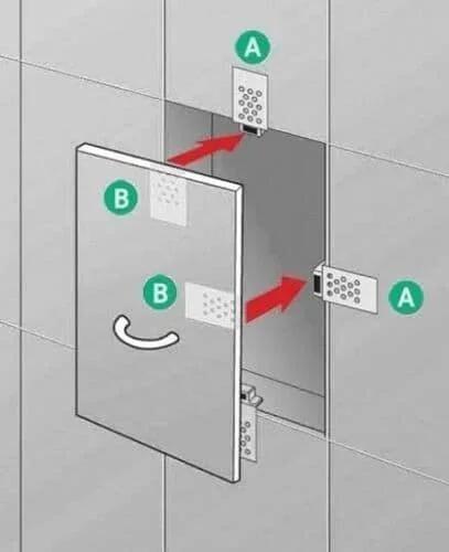 Magnetic Catches for Tiles Convert to Access Panel Kit With 8 Metal Plates 4 Magnets and Handle illustration showing installation.