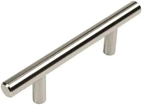 25 Pack Satin Nickel Cabinet Bar Pull Handles, Euro Style 3 Inch Hole Centers, 5 3/8 Inch Overall Length, 1/2 Inch Bar Diameter, 1 3/8 Inch Projection, Includes 1 Inch Mounting Screws, Individually Polybagged.