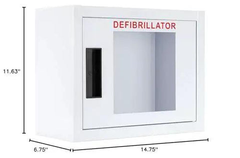 Compact Indoor AED Cabinet Nonalarmed for FRx OnSite and Heartsine Defibrillators with Essential Accessory Storage, dimensions included