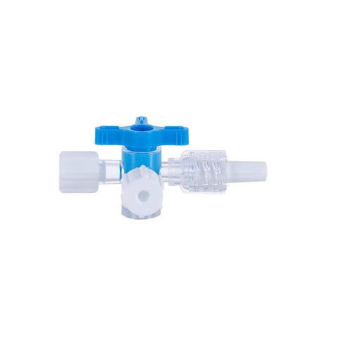 Disposable 3-way stopcock valve with blue handle and clear Luer connectors