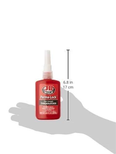Red high-strength thread locker bottle, 50ml, labeled 'Perma-Lock', measuring 6.8 inches, ideal for mechanical parts and heavy-duty builds.