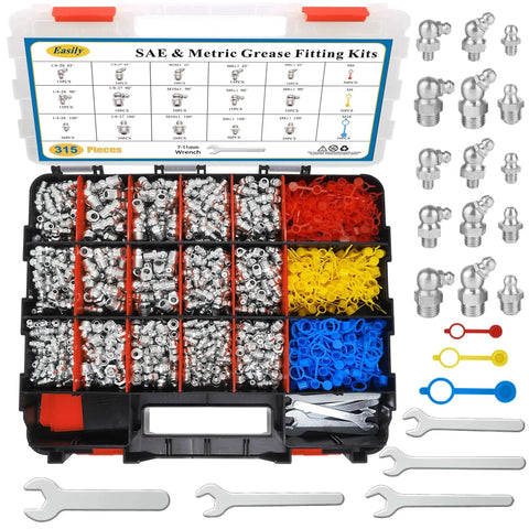 315 Piece SAE And Metric Grease Fittings Assortment Kit With Zerk Fittings In Straight 45 Degree And 90 Degree Angles Including Plastic Cap And Wrench Kit 7 11mm For Grease Gun Included In Red Storage Box