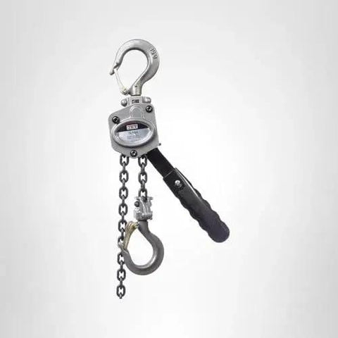 JET 1/2-ton mini-puller lever hoist with steel chain and hook, gray body, black handle front view