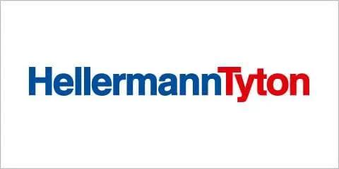 HellermannTyton logo in blue and red text on white background