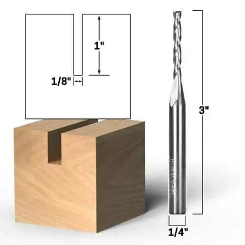 Upcut Spiral Router Bit 2 Flute Solid Carbide CNC End Mill, 1/8-Inch Diameter, 1/4-Inch Shank, next to wood block