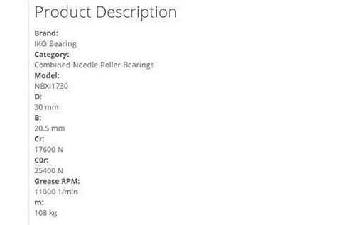 Product description for High-rigidity combined needle roller bearing NBXI1730 single unit for linear slide units and precision machinery.