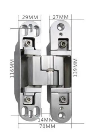Front view of Concealed Zinc Alloy Cross Door Hinge Set, 180 Degree Invisible Hinge for Furniture Cabinets and Closets