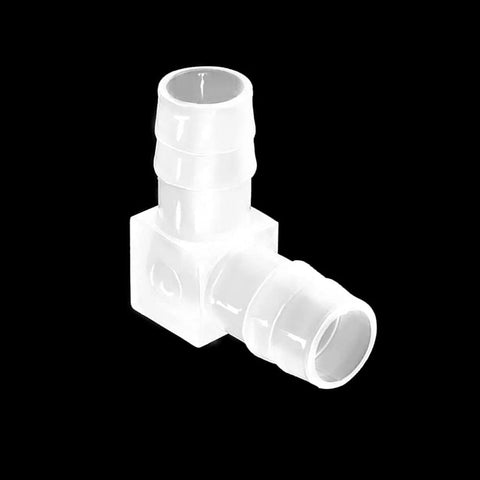White plastic 1/2-inch hose barb 90-degree elbow L-fitting, dual barbed ends, 5-pack