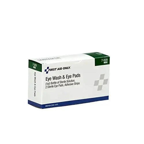 Box of All In One Eye Wash Kit With Oval Eye Pads And Adhesive Strips, Emergency Eye Rinse Included, 5 Piece Set for quick eye safety.