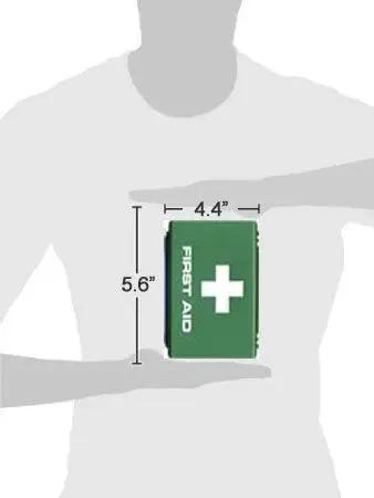 Compact Homeopathic Accident and Emergency First Aid Kit For On The Go Quick Relief depicted with dimensions held by a person outline.