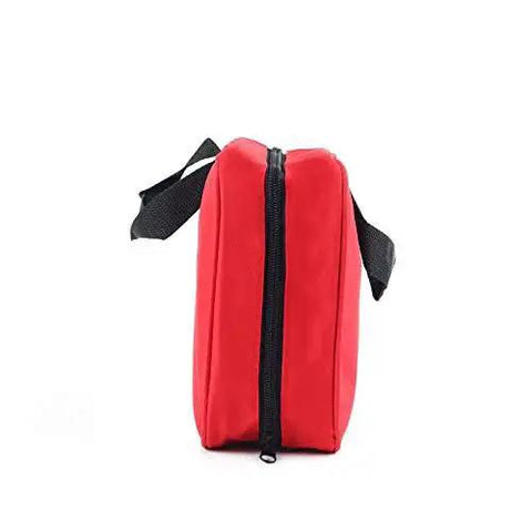 Side view of a compact red first aid bag with black handles, measuring 25 by 18 by 8 cm, showing zipper and portability for emergency medical supplies.