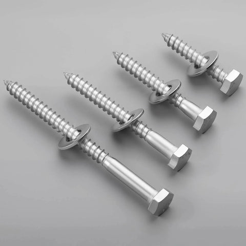 23 Sets 5/16 x 1-1/4 Hex Head Lag Screws with Flat Washers, 304 Stainless Steel 18-8, shown in four sizes on gray background