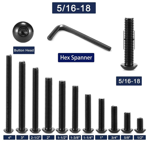 Five Sixteenth By Eighteen Threads Per Inch Button Head Socket Cap Screws One Inch Long Stainless Steel 304 Black Oxide Allen Hex Drive Pack Of Twenty With Hex Spanner Corrosion Resistant 304 Stainless Steel For Outdoor And Marine Applications displayed with various sizes.