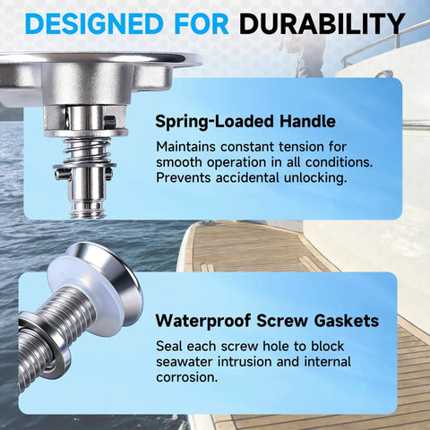 Premium 316 marine stainless steel cam latch features a back plate and flush pull for secure, corrosion resistant deck hatches