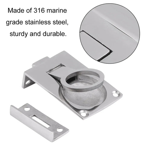 KAIXINM stainless steel ring-pull flush hatch handle; mirror-polished 316 marine-grade for boat cabinets, front view