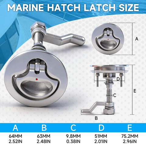 Front and side view of premium 316 marine stainless steel cam latch with back plate and flush pull for secure, corrosion resistant deck hatches on boats, yachts or RVs; includes installation screws for easy mounting.
