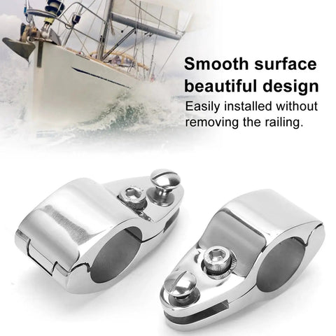 Close-up of two 316 stainless steel boat rail hinge clamps with screws for 22mm rail