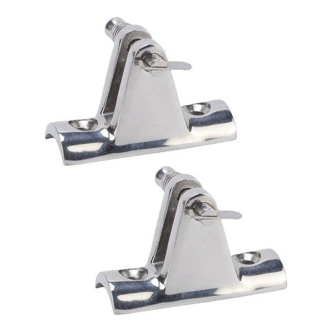 Front-angle view of two stainless steel bimini top deck hinges, 316 marine-grade with lock pins