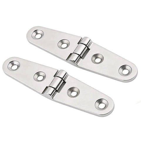 Front view of pair of 316 stainless steel marine hatch hinges, mirror-polished with screw holes