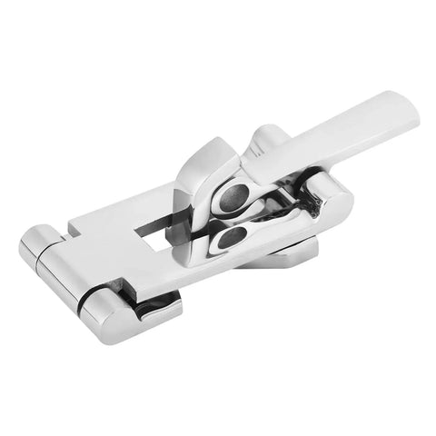 Close-up of OPPWONG 316 stainless steel boat hatch latch with anti-rattle clamp, 120mm, polished finish