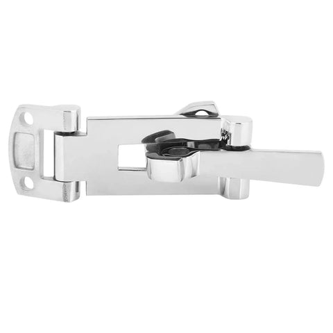 Side view of OPPWONG 316 stainless steel boat hatch latch with anti-rattle clamp, 120mm, high-polish finish.