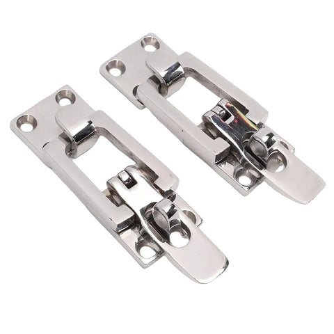 Front view: two chrome-plated marine-grade 316 stainless steel hatch latches with padlock holes