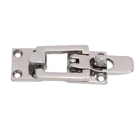 Polished stainless steel boat hatch latch clamp with center cam and padlock hole