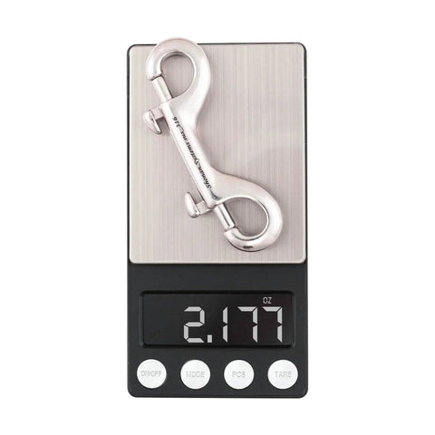 Double Ended Bolt Snap Hooks 3.5 Inch Stainless Steel Marine Grade 316, 2 Pack shown on scale weighing 2.177 oz