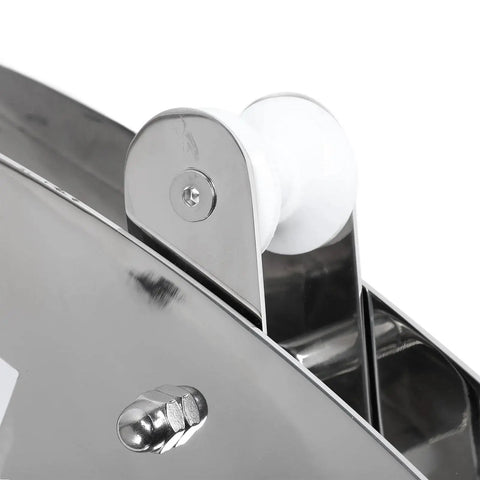 Stainless steel hinged bow anchor roller with white plastic roller on a boat bow, close-up view
