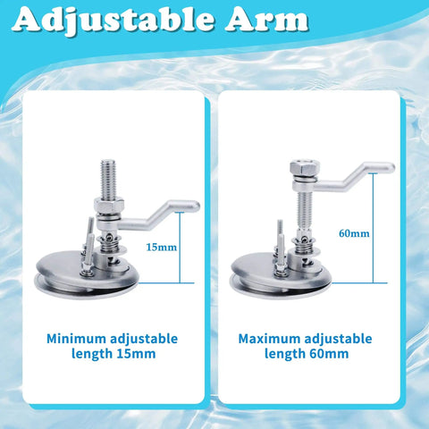 Marine grade 316 stainless steel cam latch with back plate and adjustable arm in extended and retracted views, showing measurements.